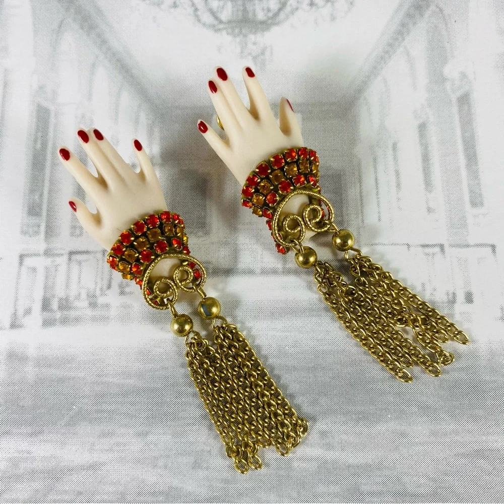 Artisan Red and Gold Hand Earrings OOAK handmade.